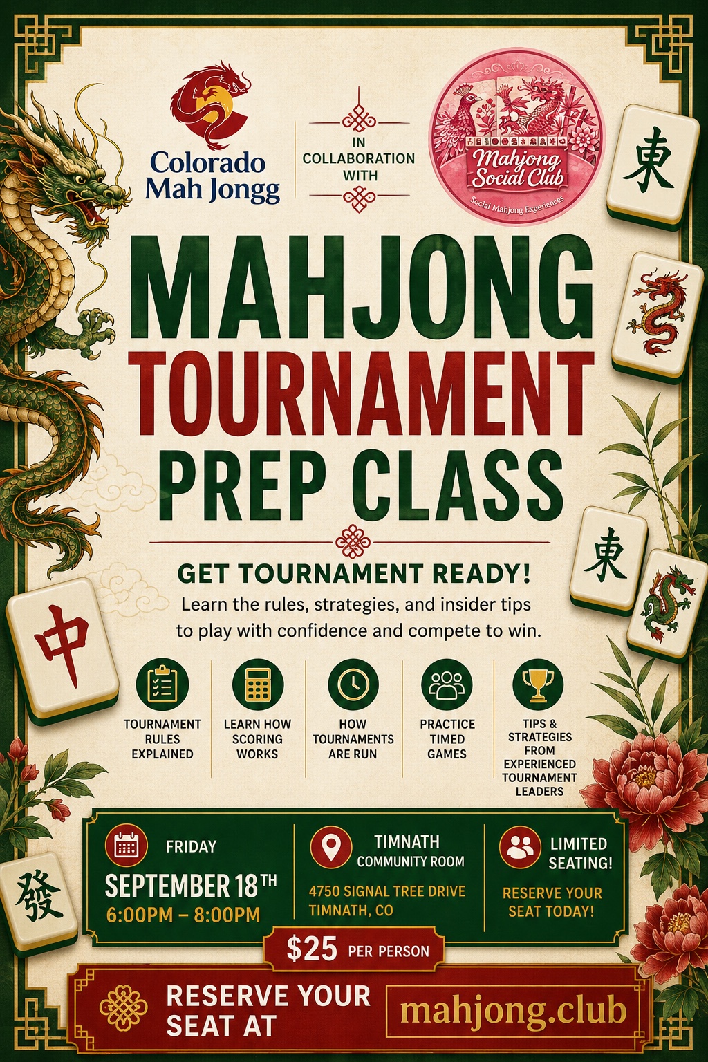 Mahjong Tournament Prep Class flyer for September 18 at Timnath Town Center